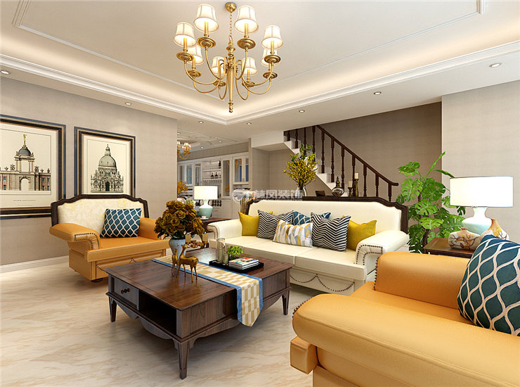 美式風(fēng)格客廳沙發(fā)不靠墻設(shè)計裝修效果圖