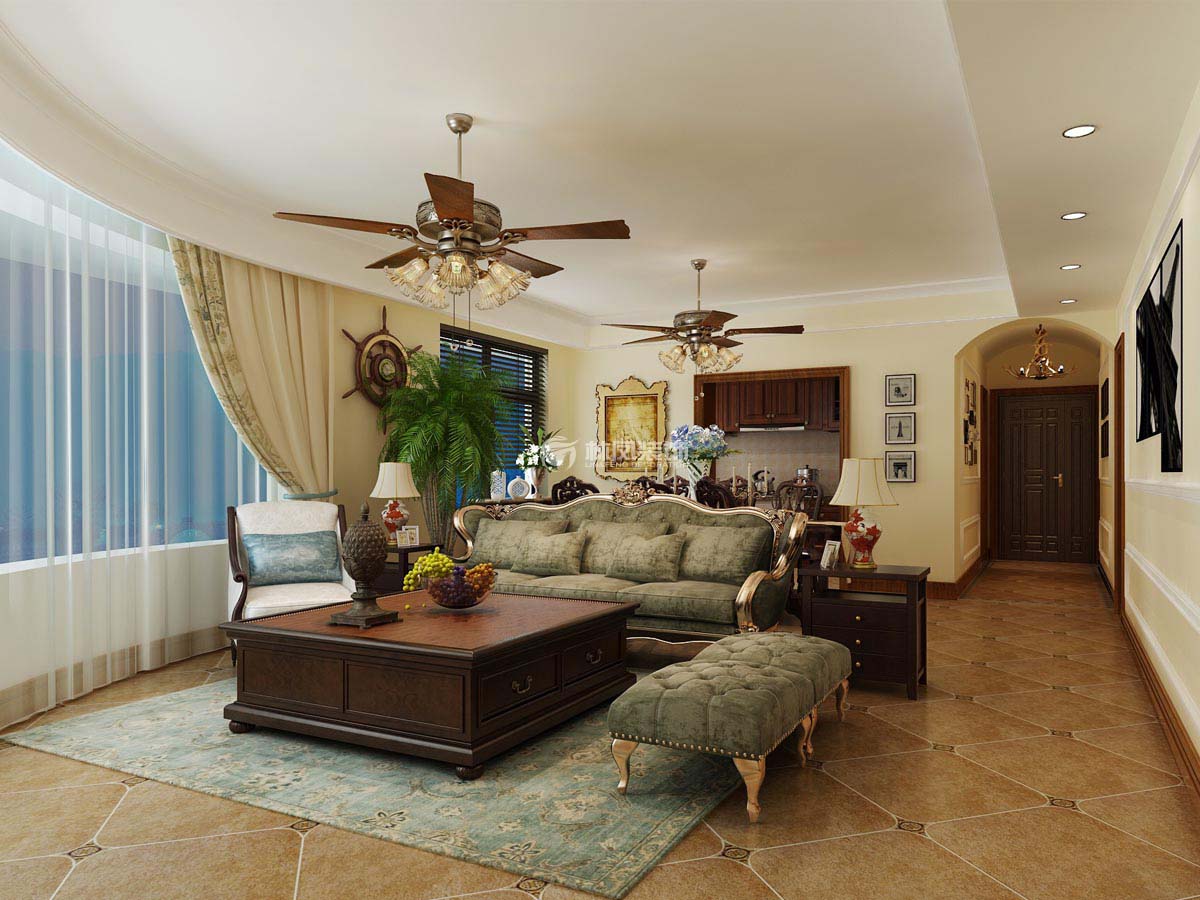 美式風(fēng)格不規(guī)則戶型沙發(fā)不靠墻設(shè)計裝修效果圖