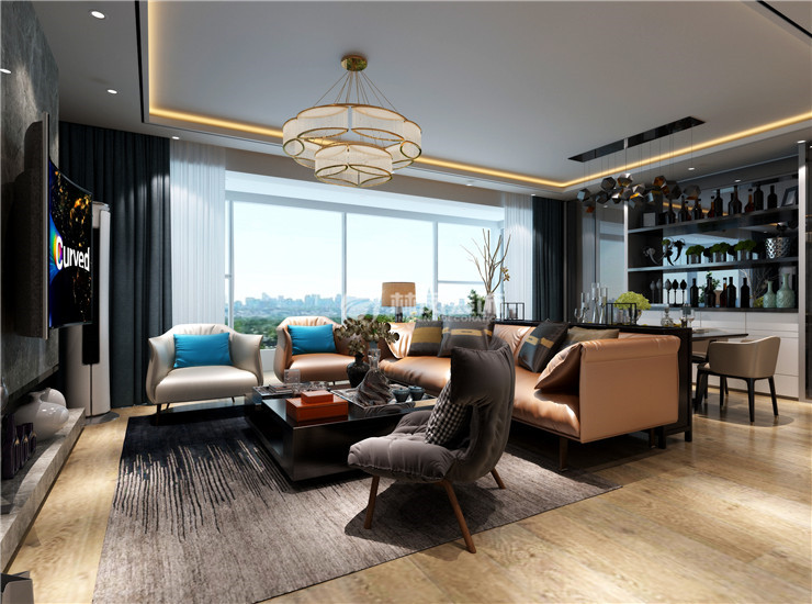 輕奢風(fēng)格客廳沙發(fā)不靠墻設(shè)計裝修效果圖